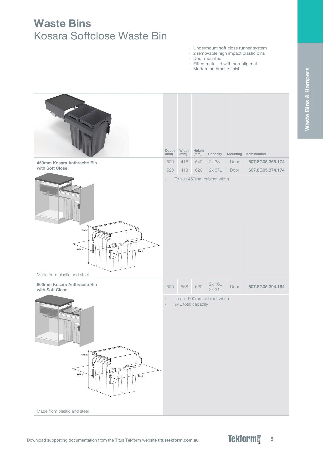 Bins and Hampers 2023, page 5, including product code 607.8G05.366.174. Open the page for the text transcript.