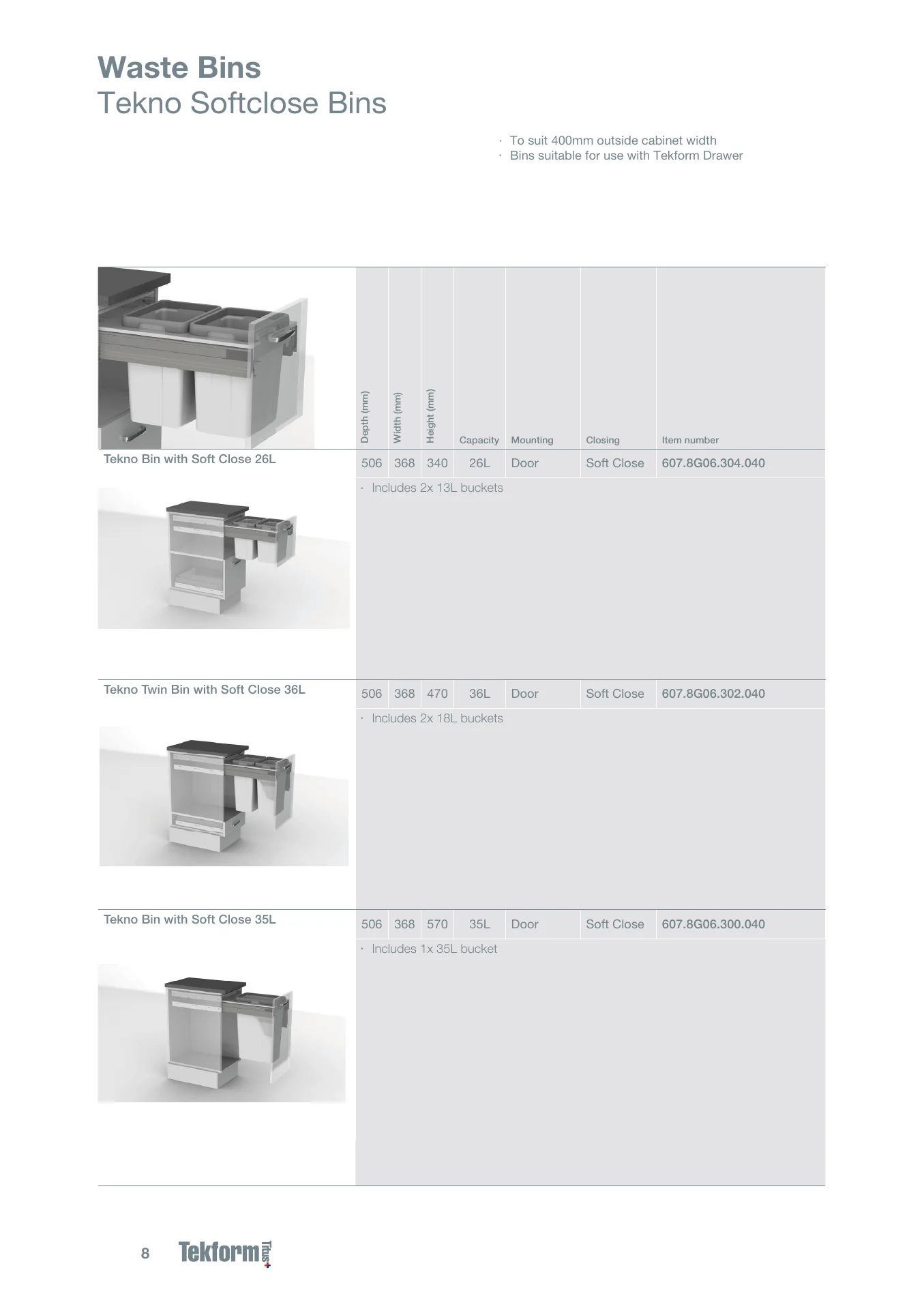 Bins and Hampers 2023, page 8, including product code 607.8G06.300.040. Open the page for the text transcript.