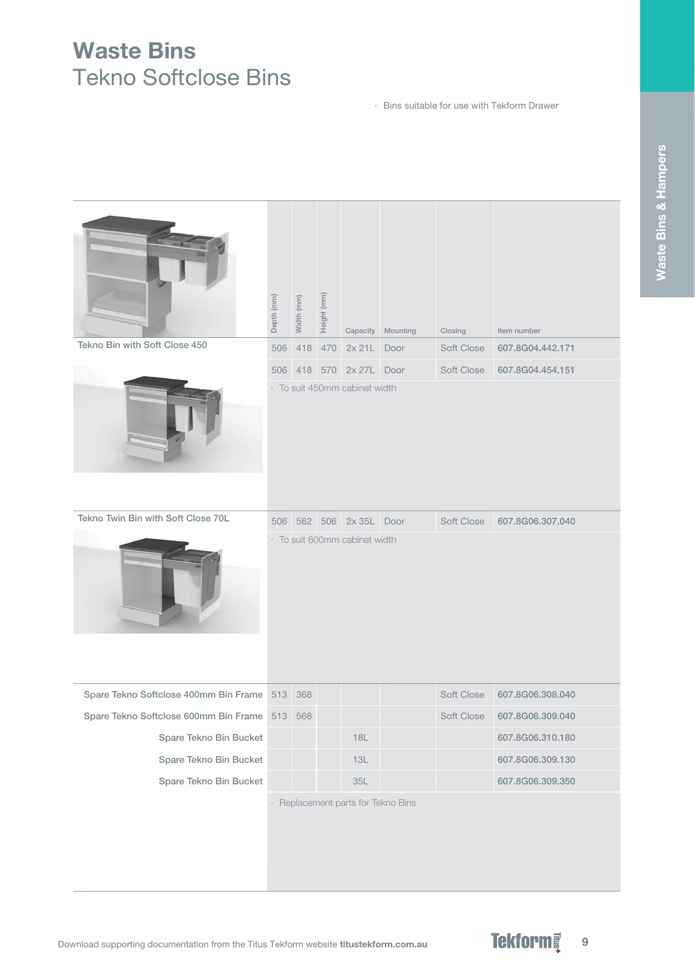 Bins and Hampers 2023, page 9, including product code 607.8G06.308.040. Open the page for the text transcript.