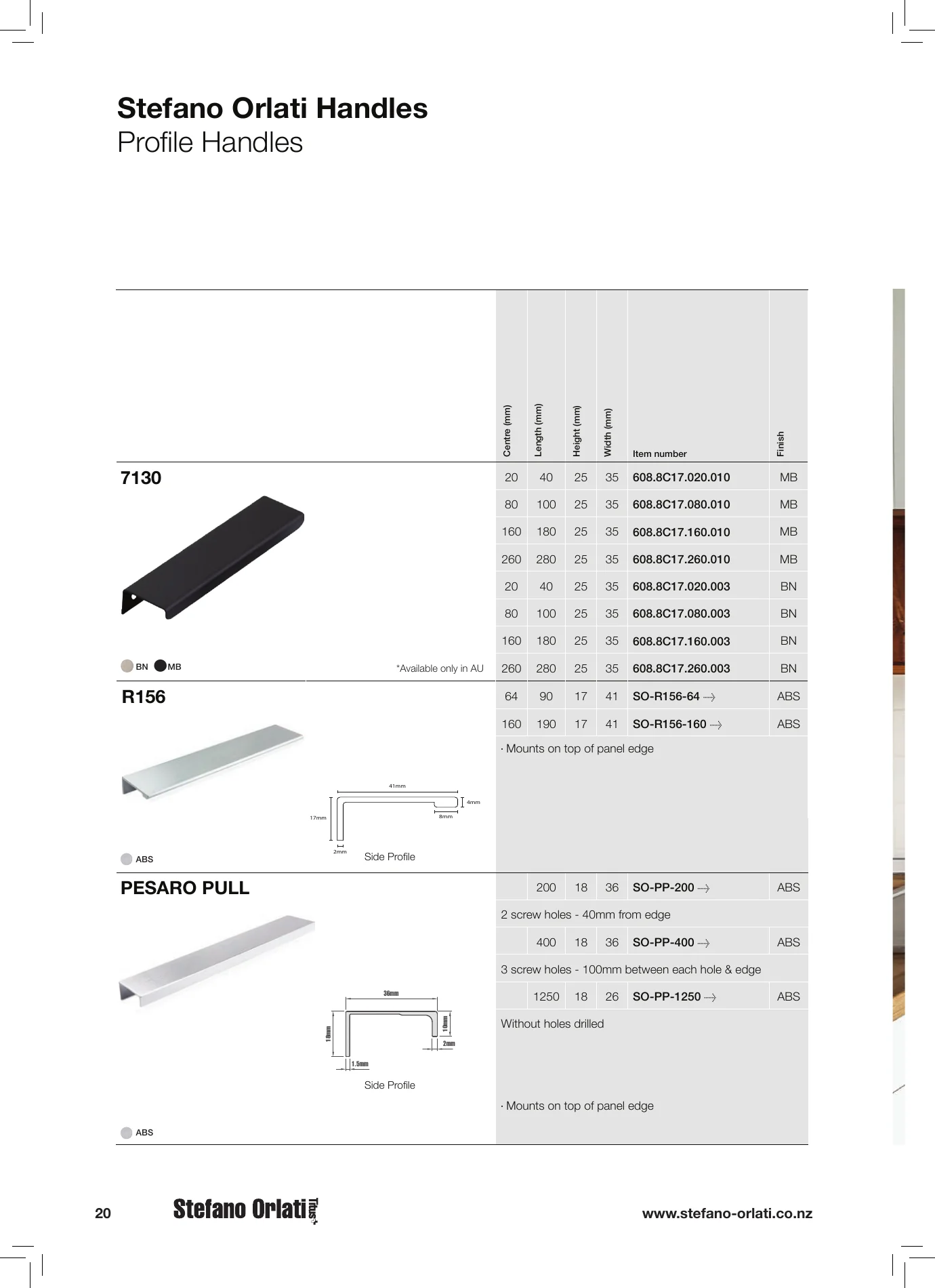 Complete Handles 2023, page 20, including product code 608.8C17.020.003. Open the page for the text transcript.