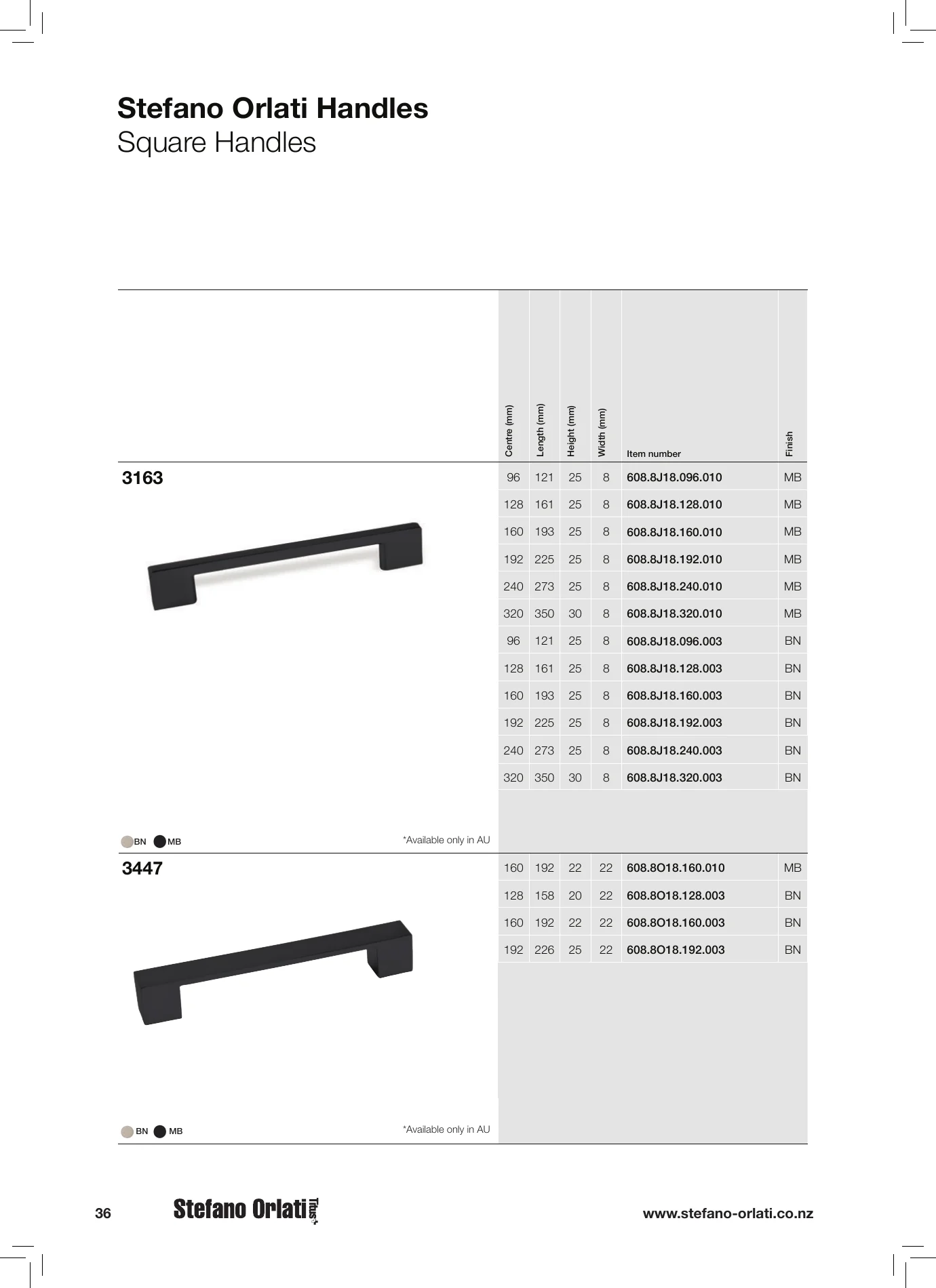 Complete Handles 2023, page 36, including product code 608.8J18.096.003. Open the page for the text transcript.